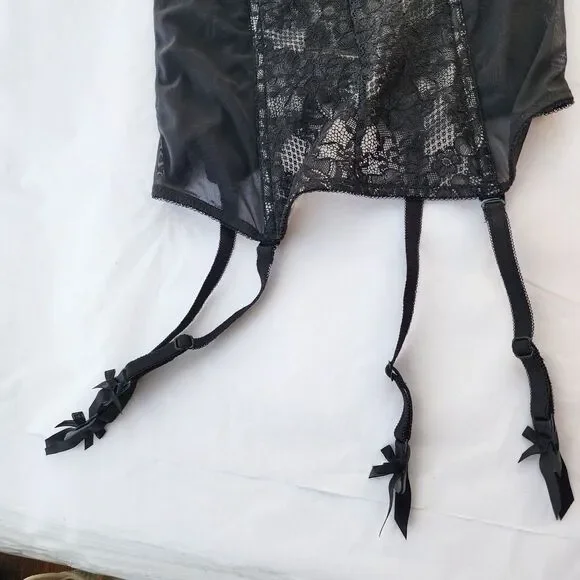 victoria’s Secret black Pink lace teddy lingerie 34B Corset Bustier Coquette Bow - Picture 3 of 11